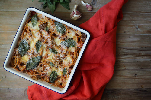 Baked Bucatini and Meatballs in our new Square Bake Tray.