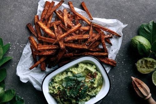 Spicy Sweet Potato Fries with Coconut & Lime Avocado.