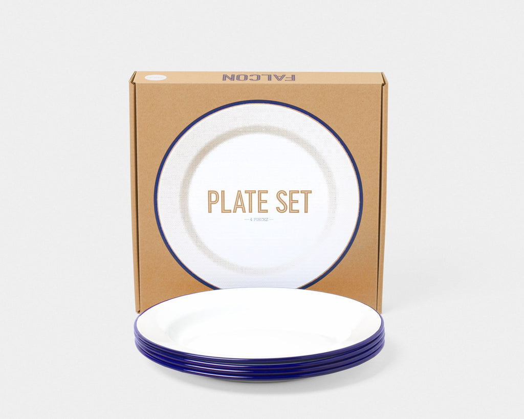 Falcon Enamelware 9½" Dinner Plates (white with blue trim)