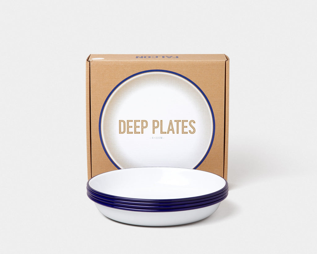 Falcon Enamelware Deep Plates (white with blue rim)